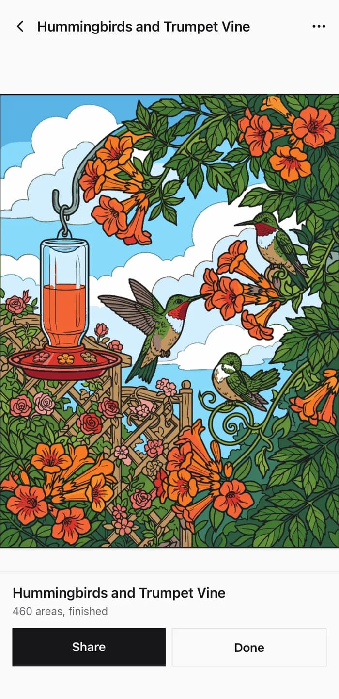 A finished painting of hummingbirds and trumpet vine, with the share and done bar